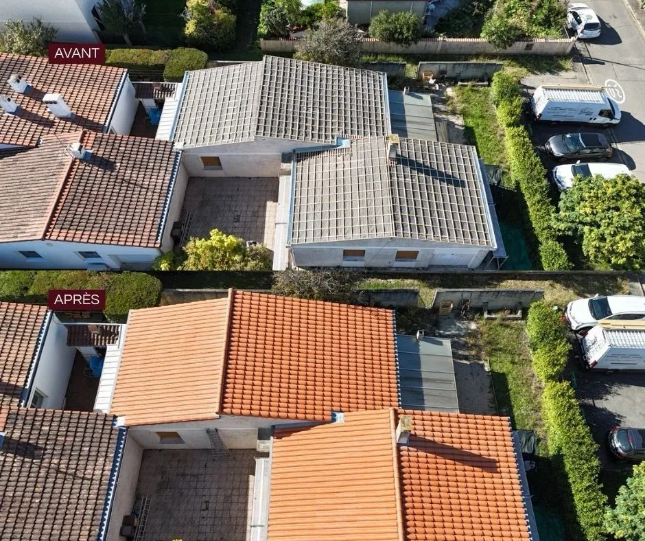 Avant / après : rénovation de couverture en tuiles terre cuite, vue aérienne
