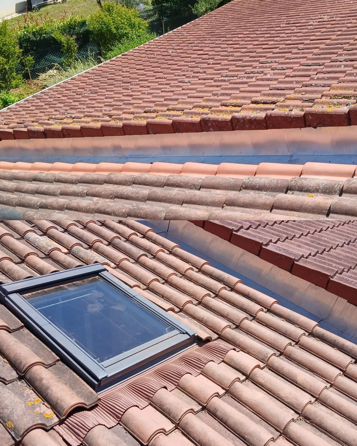 Réfection de toiture en tuiles avec fenêtre de toit et bandes de zinc