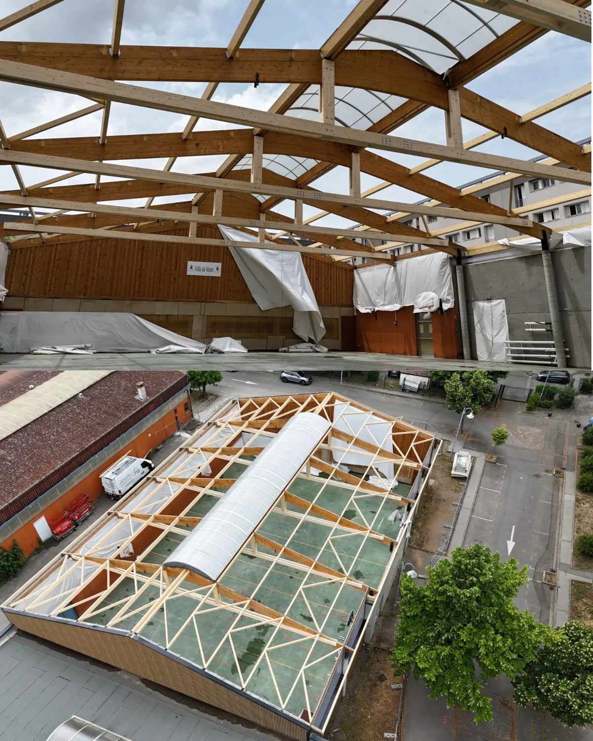 Chantier de charpente bois sur un grand bâtiment, vue aérienne