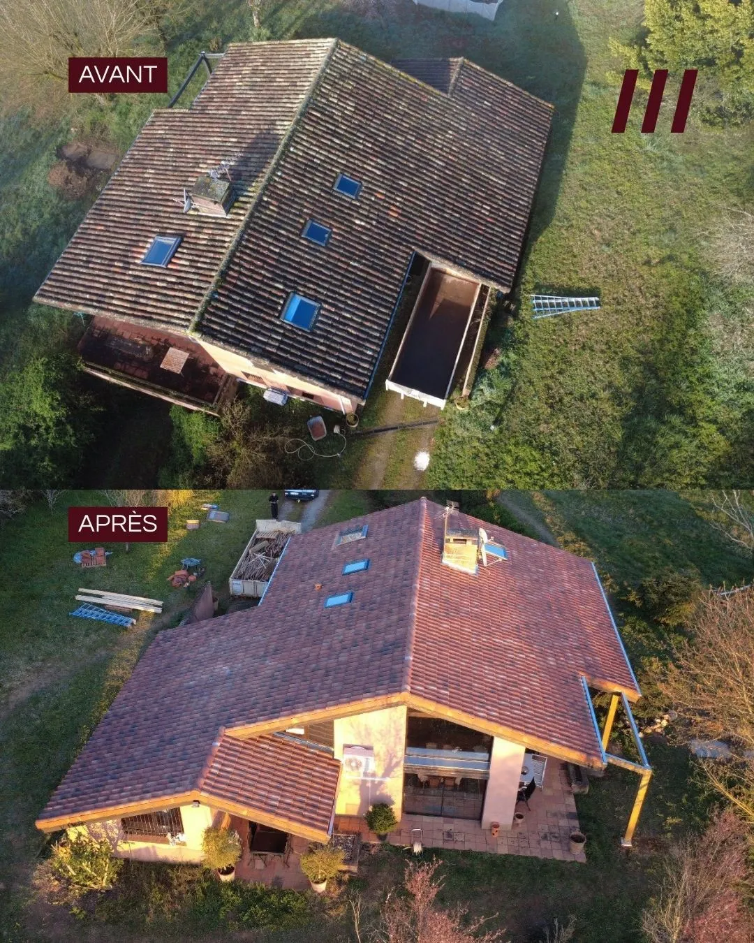 Avant / après : réfection complète d'une toiture en tuiles avec fenêtres de toit, vue aérienne