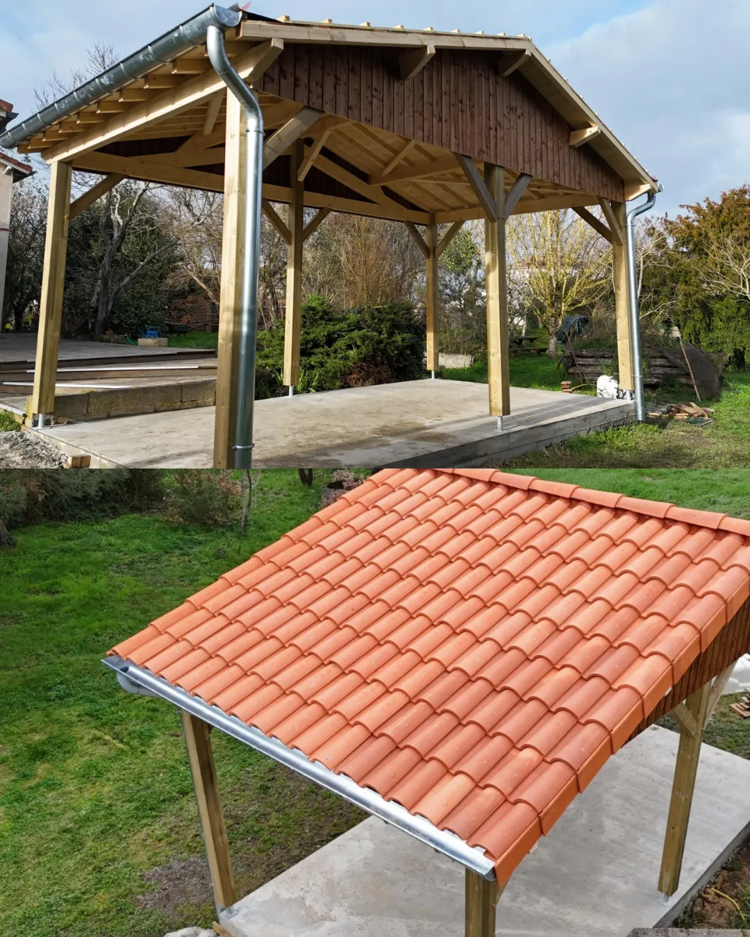 Abri de jardin en bois avec couverture en tuiles, deux vues
